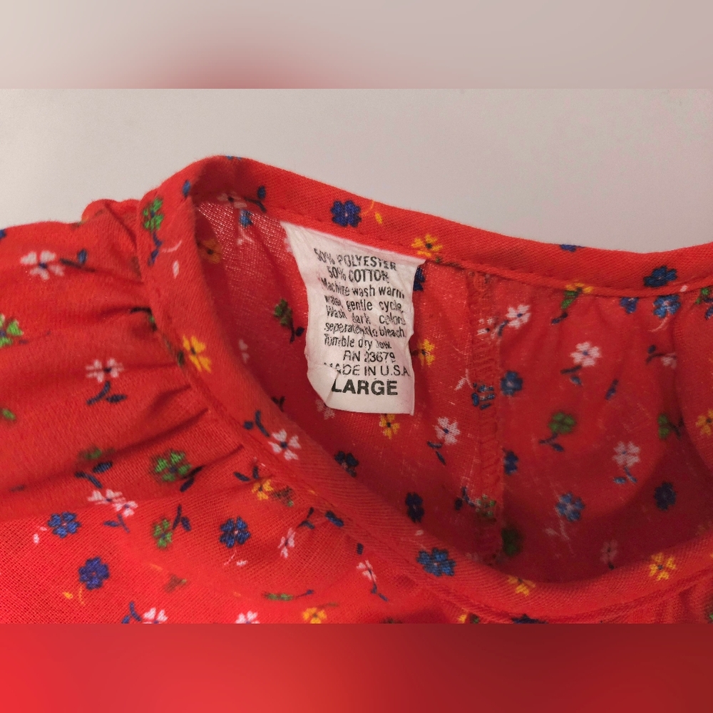 Vintage 80s Red Floral Snap Smock Craft House Dress Apron Womens Large - Picture 10 of 14